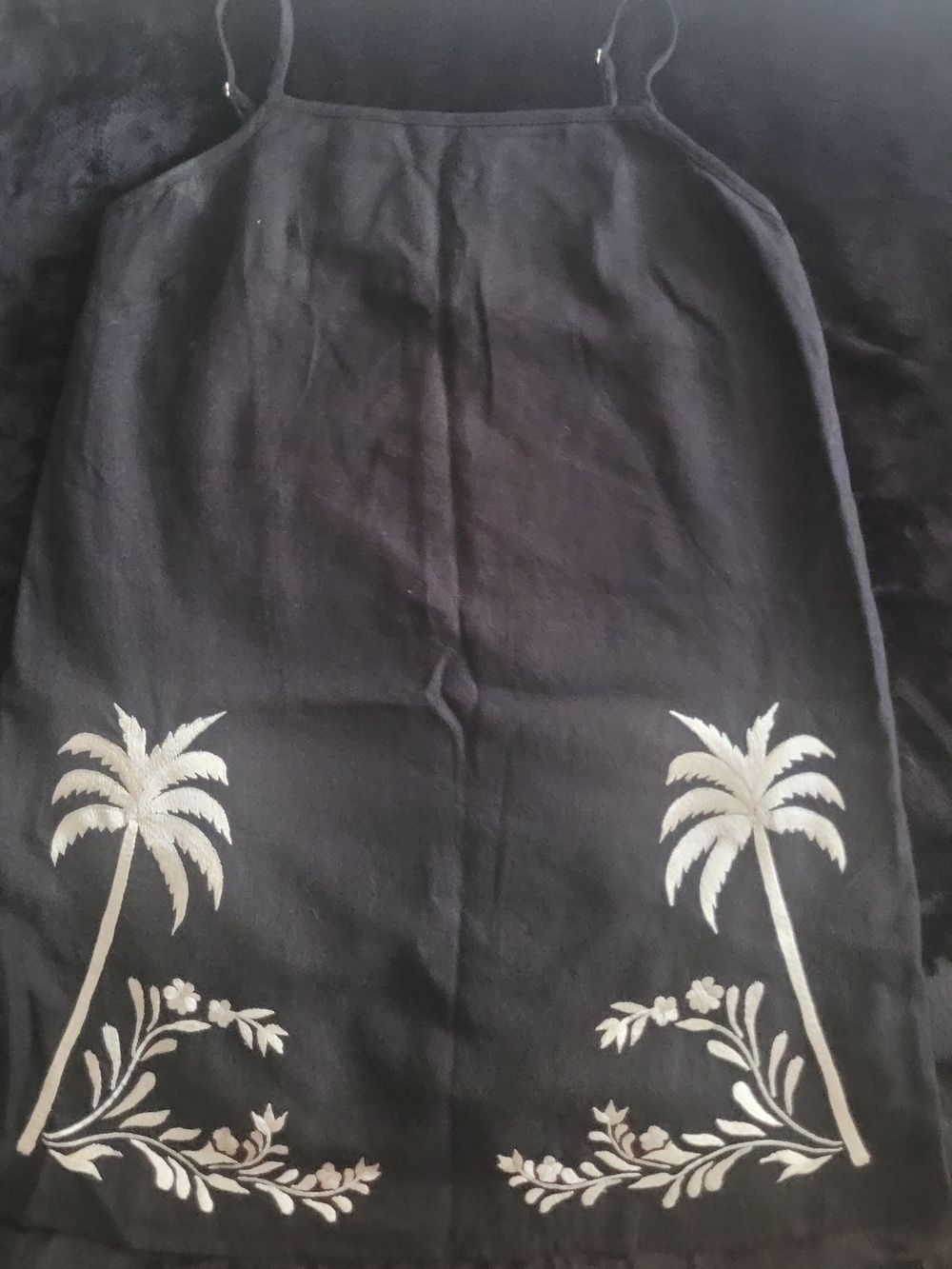 Black Mini Dress with Ivory Palm Embroidery